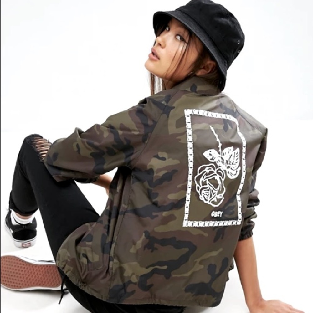 Obey Coach Jacket w/ Rose Back Graphic in Camo